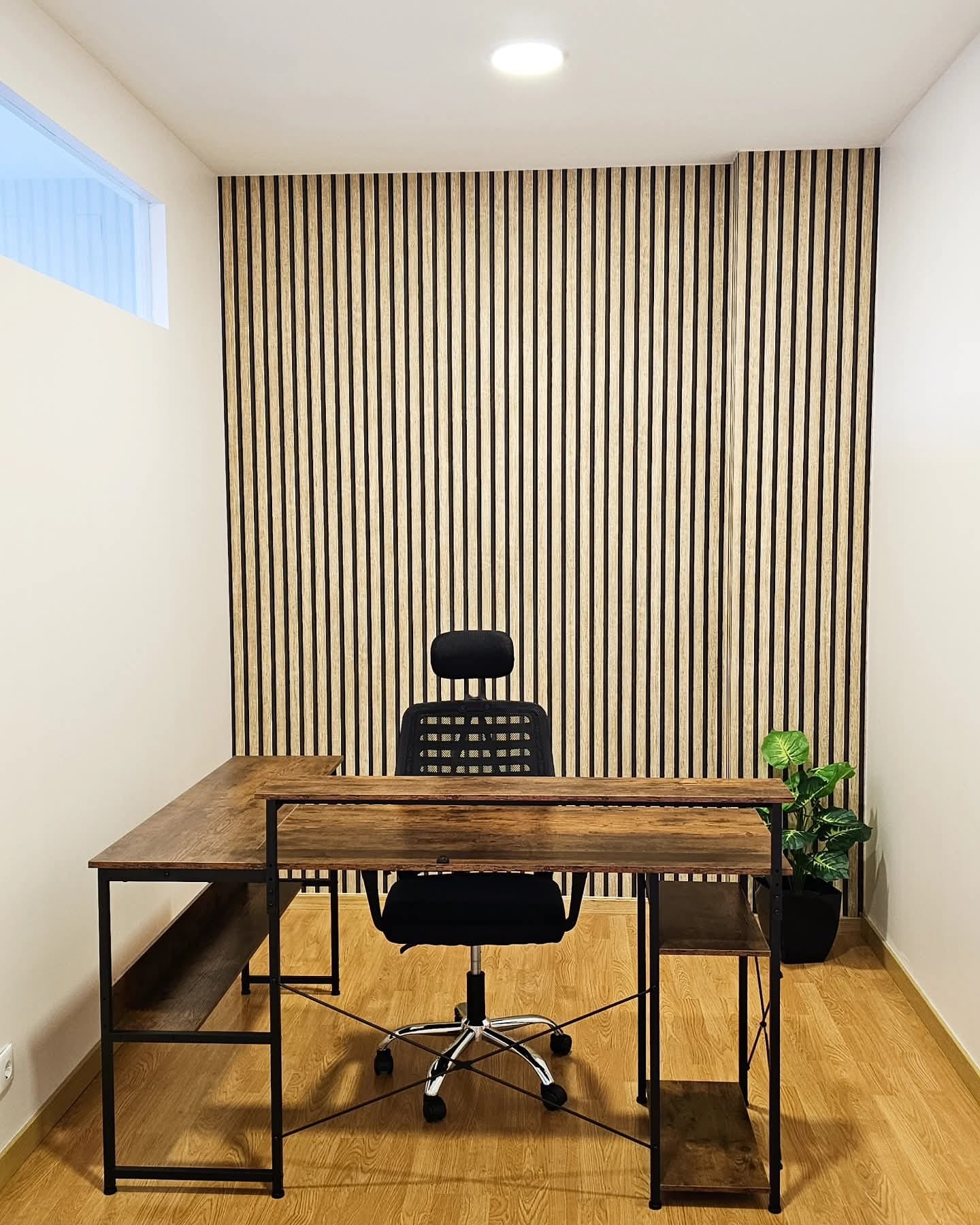 Private workspace with wood slat accent wall